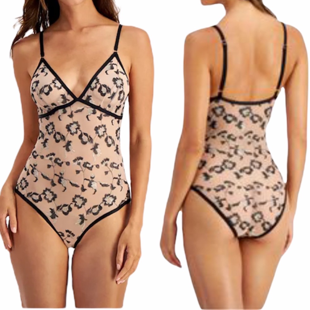 NWT INC International Concepts Sheer Mesh Metallic Floral Sexy Bodysuit Size S
